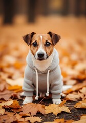 Jack Russell Terrier in Autumn Leaves Wearing a Hoodie.
