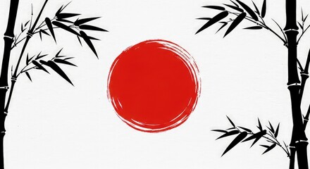 Japanese Zen Garden with Bamboo and Red Sun Illustration.