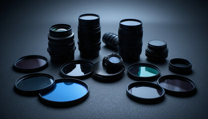 A variety of camera lenses and filters are arranged neatly on a dark surface. This setup highlights essential gear for photography enthusiasts in a creative workspace
