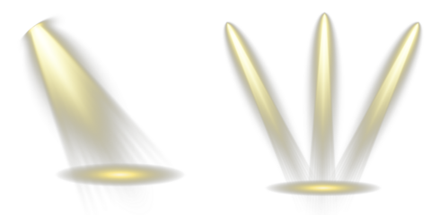 Concert lighting emits strong radiant lines in motion. PNG Spotlight set realistic on transparent bg with reflection on floor. Light sources, concert lighting, stage spotlights. Transparent background