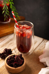 Hibiscus cooler. In Mexico, known as Agua de Jamaica, an infusion made from the hibiscus flower (Hibiscus sabdariffa), which is said to have multiple health benefits. It can be enjoyed hot or cold.