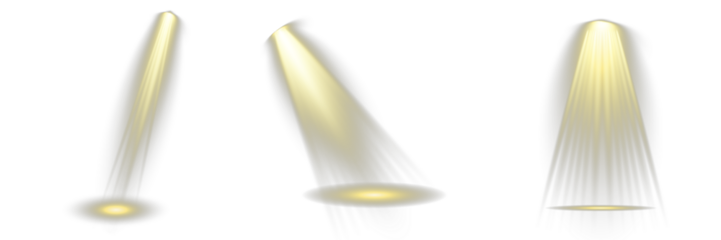 Spotlight set realistic on transparent bg with reflection on floor. Studio lights form dramatic shadows and spotlight rings. Projector element White projector scene with rays, vector illustration PNG