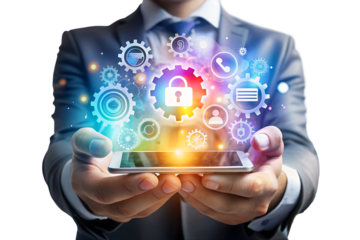 Businessman holding a modern smartphone with a glowing holographic interface showcasing network security, data protection, and business application management