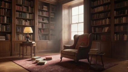 Fototapeta premium Warm library with bookshelves, armchair, books, and a table lamp. Sunlight streams in