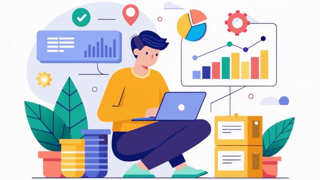 A man seated on the floor is actively using a laptop, a men manages data trending, Simple and minimalist flat 2d Animation