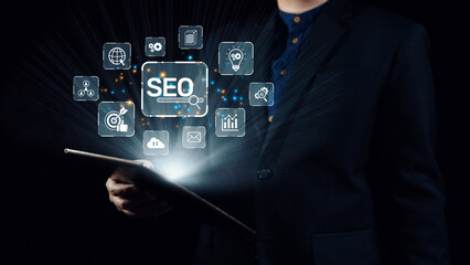 SEO concept for improving SEO visibility, with SEO related digital tools and SEO performance icons shown in an focused layout for strategic marketing. Elide