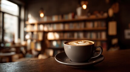 Fototapeta premium A coffee cup with a white heart on it sits on a saucer