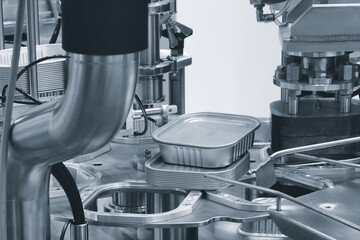 A machine is making cans of food. The machine is silver and has a black pipe. The cans are being made in a factory.