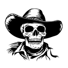 Cowboy skull silhouette — wild west skeleton with hat and bandana vector illustration