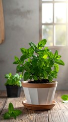 Fresh mint plant in a terracotta pot on a wooden table near a window