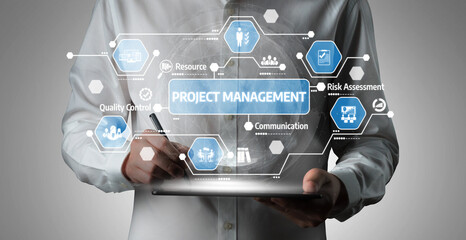 A professional utilizes a digital tablet to display project management concepts, showcasing data visualizations that foster teamwork and efficiency in a modern workspace. Tessel