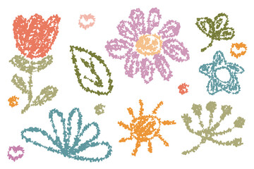 Set of hand-drawn flowers and leaves in vector style. Spring decorative elements for kids&rsquo; designs, greeting cards, packaging, or patterns. Simple and cute style perfect for creative projects