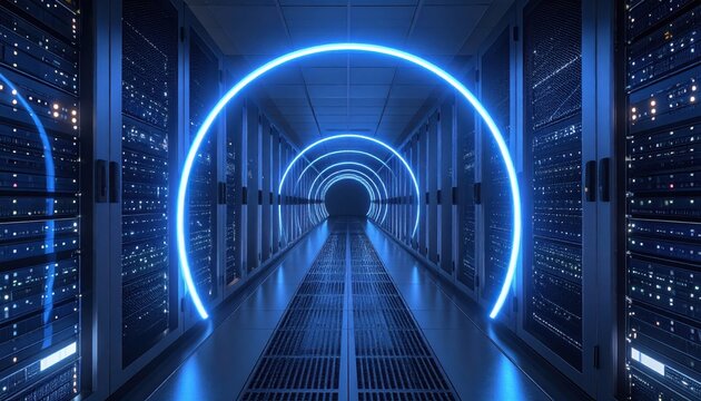 Illuminated blue neon circles create a tunnel effect in a server room, with data servers arranged along the corridor walls; a futuristic, technological, and modern ambiance is depicted.