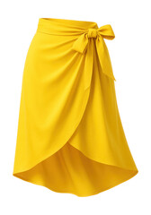 Bright yellow waist-tie wrap skirt featuring a tulip hem and side tie detail.