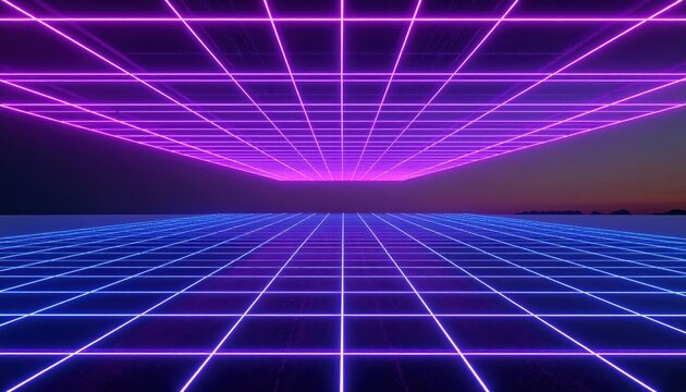 Digital landscape showcases a futuristic, neon-lit grid with vibrant blue and purple lines creating depth and an atmospheric perspective set against a subdued, dusky sky with implied horizons.