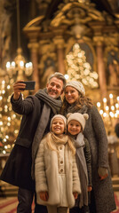 Fototapeta premium Festive family selfie amidst warm lights, creating cherished holiday memories in an elegant, holiday-lit background.
