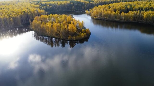 An aerial view of a vibrant autumn forest with a winding river cutting through it. Symbolizes change, beauty, and the cyclical rhythm of nature.