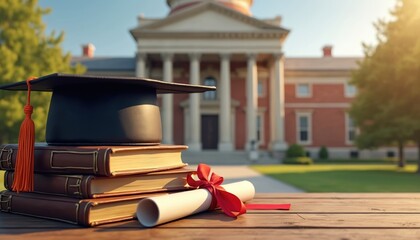 Graduation cap and diploma rest on stacked old books. Sunlit university building in background signifies academic achievement and future opportunities.