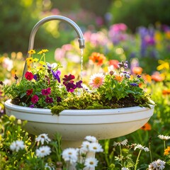 Ornate flower basin, water cascading, vibrant blooms
