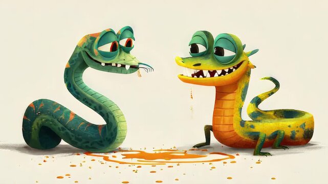 Funny Animated Snake and Crocodile with Cartoon Style Illustrations and Expressions
