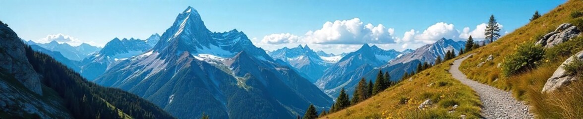 Obraz premium Majestic Mountain Range Hiking Trail to Untamed Peaks under a Vibrant Blue Sky. Explore the rugged wilderness, adventure awaits in this remote, inspiring landscape.