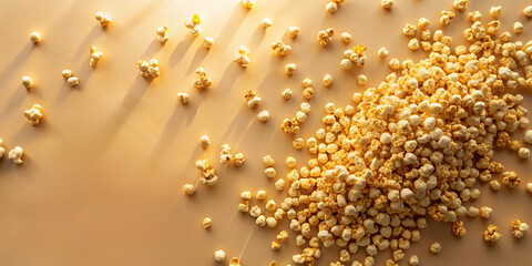 A generous amount of popcorn is spread across a light-colored surface, with sunlight casting gentle shadows. This scene captures the joy of an afternoon snack, perfect for sharing