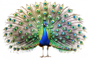 A magnificent male Indian peafowl displaying its vibrant, iridescent train of feathers with colorful eye-spots, standing isolated against a clean white background