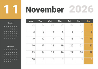 Monthly page Calendar Planner Template design of November 2026. Vector layout of calendar with week start Monday for Scheduling. Page for size A4 or 21x29.7 cm