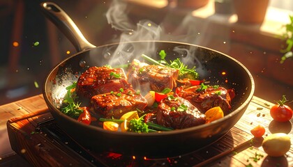 Sizzling, steaming meat and vegetables in a hot pan