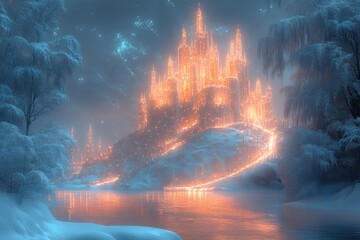 Snow-covered castle by a lake with surrounding trees.