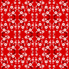 Seamless pattern of small white sakura flowers on a red background