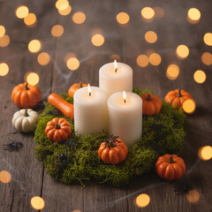 Halloween still life with candles, pumpkins, moss, and spiders on wooden table with warm bokeh lights. Cozy autumn festive mood.