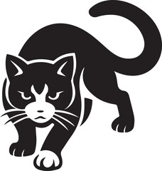 Stylized black and white cat stalking forward, Minimalist feline vector illustration