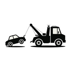 Tow Truck Hooking Up a Small Car for Towing on White Background, vector illustration.