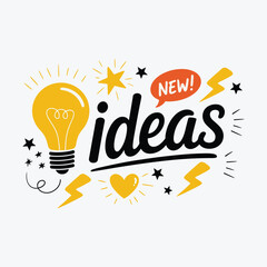 Word Ideas with Light Bulb, Stars, Lightning Bolts and Heart on White lettering typography