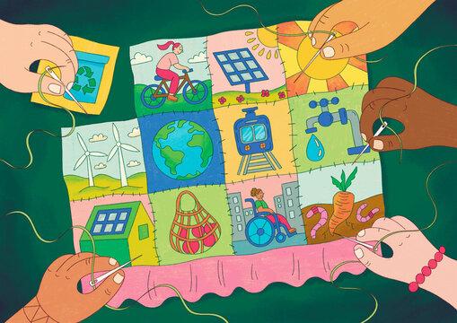 Sustainable Planet Tapestry- Hands Creating a Greener World 