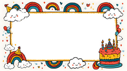 Kids birthday frame with thin rainbow border, playful doodle clouds and party hats, cartoon cake with candles, cheerful animated look, clean white center for text or image.