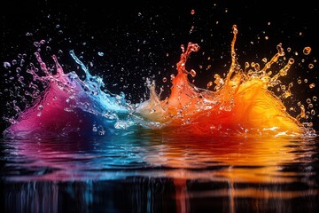 Colorful Liquid Splashes Creating Art with Dynamic Movement and Reflection