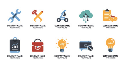 Collection of Modern Flat Design Logos: Tools, E-commerce Analytics, and Professional Business Concepts on White Background, Flat Vector Elements, Vector Illustration, Simple Vector, Stylized Vector