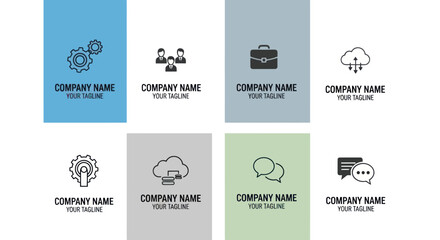 Collection of Business Logos: Gears for Engineering & Technology, People for Teamwork & HR, and Cloud for IT & Data Services - Customizable Vector Icons for Company Branding, Flat Vector Elements,