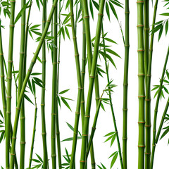 Lush green bamboo stalks with leaves against a dark backdrop. Dense and textured
