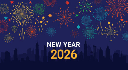 Vibrant New Year's Eve Fireworks Display Over a City Skyline at Night, Featuring Colorful Bursts, Sparkling Stars, and Bold 'NEW 2' Typography, Flat Vector Elements, Vector Illustration, Simple