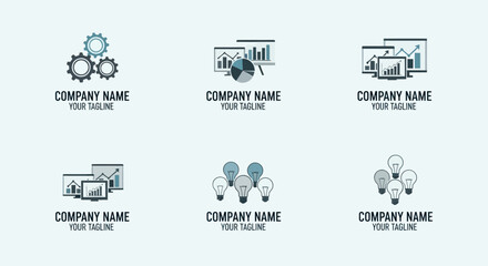 Professional Logo Templates: Engineering Gears and Data Analytics Charts on Monitors for Business Branding, Flat Vector Elements, Vector Illustration, Simple Vector, Stylized Vector Drawing, Vector