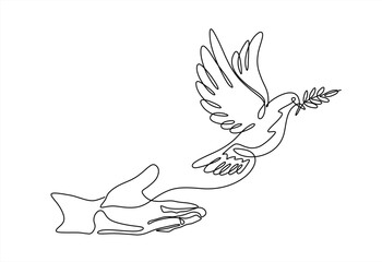 Continuous one line drawing of Flying dove from opened hand. Pray for peace. Action for Prayer, Gratitude and Thankful. Editable stroke. Hand drawn one line vector.