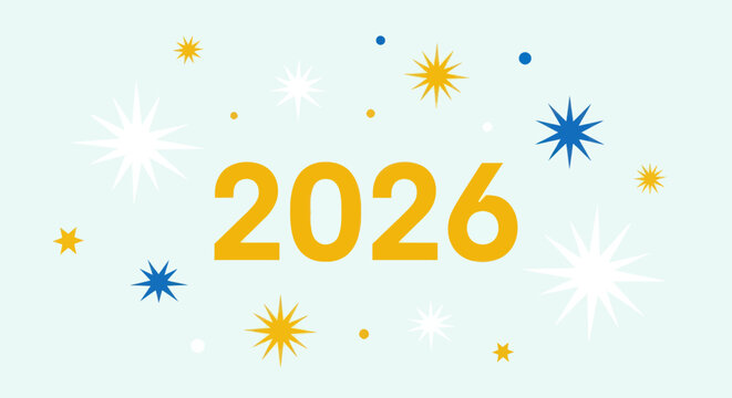 Festive 202X New Year Celebration Art with Colorful Stars, Dots and Yellow Numbers on Light Blue Background, Flat Vector Elements, Vector Illustration, Simple Vector, Stylized Vector Drawing, Vector