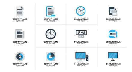 Modern Flat Design Business Logos Set with Document, Gear, Clock, and Data Chart Icons on White Background - Vector Template for Company Branding and Professional Identity, Flat Vector Elements,
