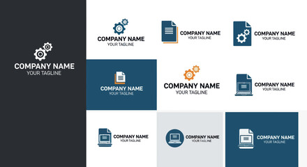 Collection of Modern Company Logo Designs Featuring Gears, Documents, and Laptop Icons for Business Branding and Corporate Identity Solutions, Flat Vector Elements, Vector Illustration, Simple