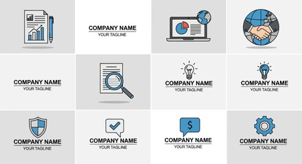 Collection of Business and Corporate Logo Templates with Icons for Analytics, Security, Search, and Communication on Light Backgrounds, Flat Vector Elements, Vector Illustration, Simple Vector,