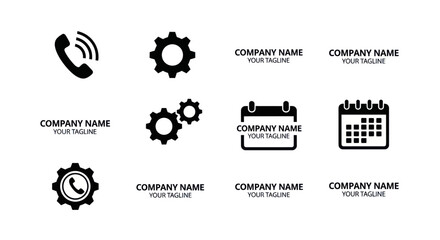 Minimalist black and white vector icons for business services, technical support, and communication, featuring gear symbols, a ringing phone, and placeholder company name with tagline, on a white
