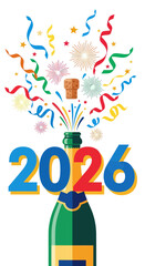 Fototapeta premium Vibrant 2026 New Year Celebration with Popping Champagne Bottle, Confetti, and Colorful Numerals Illustration, Flat Vector Elements, Vector Illustration, Simple Vector, Stylized Vector Drawing,